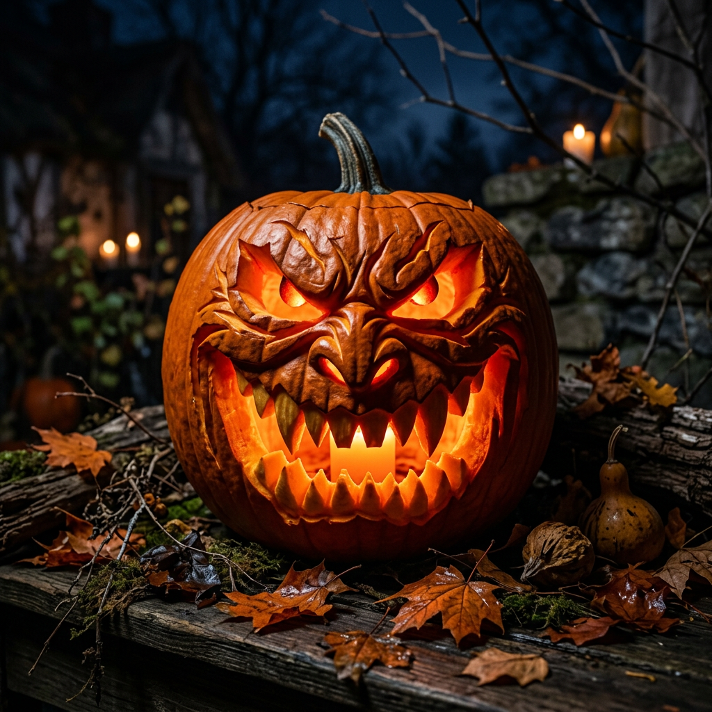 Carved pumpkin with angry face glowing from inside